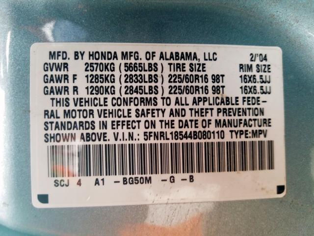 5FNRL18544B080110 - 2004 HONDA ODYSSEY LX  photo 10