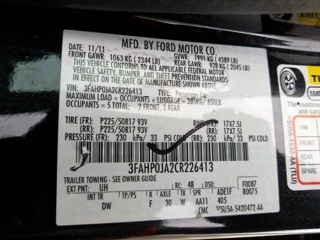 3FAHP0JA2CR226413 - 2012 FORD FUSION SEL  photo 10