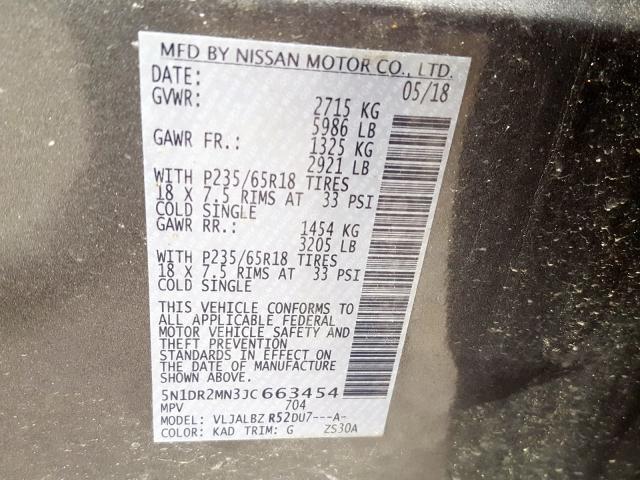 5N1DR2MN3JC663454 - 2018 NISSAN PATHFINDER S  照片 10