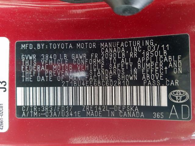 2T1BU4EE6BC602810 - 2011 TOYOTA COROLLA BASE  photo 10