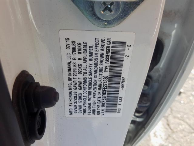 19XFB2F9XFE274330 - 2015 HONDA CIVIC EXL  照片 10