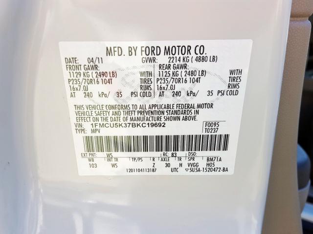 1FMCU5K37BKC19692 - 2011 FORD ESCAPE HYBRID  photo 10