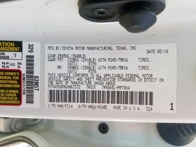 5TFAX5GN9GX063372 - 2016 TOYOTA TACOMA DOUBLE CAB  foto 10