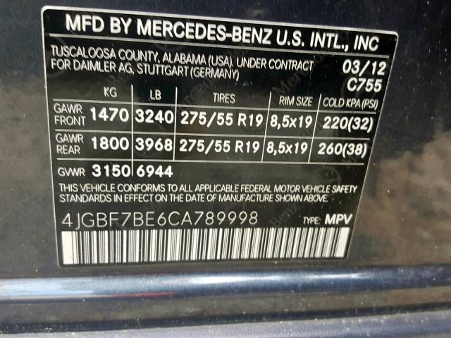 4JGBF7BE6CA789998 - 2012 MERCEDES-BENZ GL 450 4MATIC  photo 10