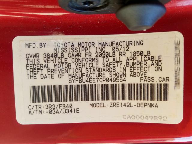 5YFBU4EE7CP049554 - 2012 TOYOTA COROLLA BASE  照片 10