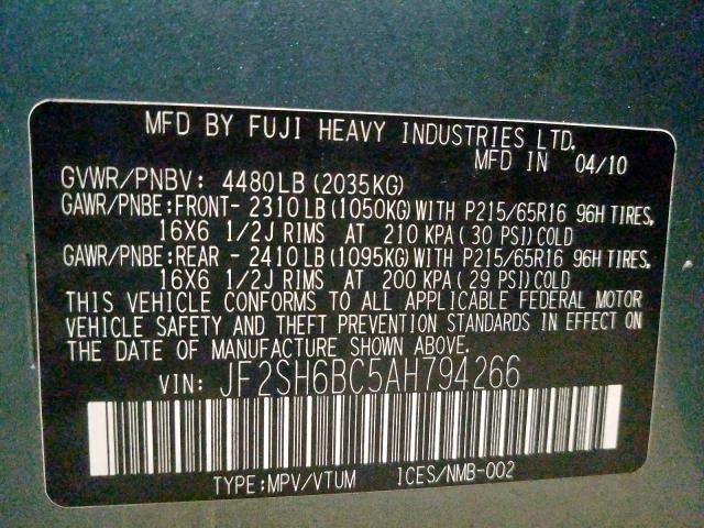 JF2SH6BC5AH794266 - 2010 SUBARU FORESTER XS  foto 10