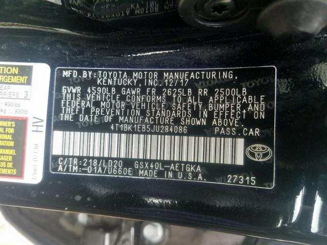 4T1BK1EB5JU284086 - 2018 TOYOTA AVALON XLE  photo 10