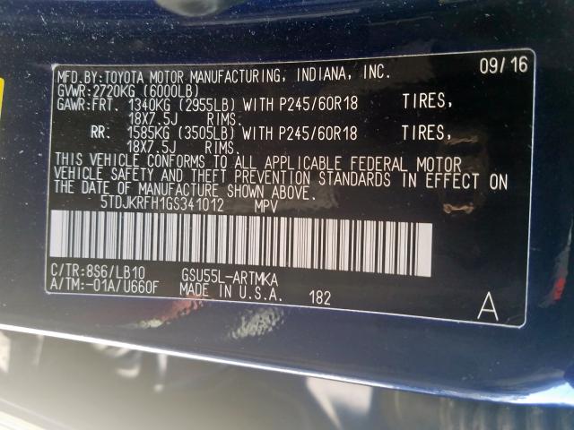 5TDJKRFH1GS341012 - 2016 TOYOTA HIGHLANDER XLE  ფოტო 10