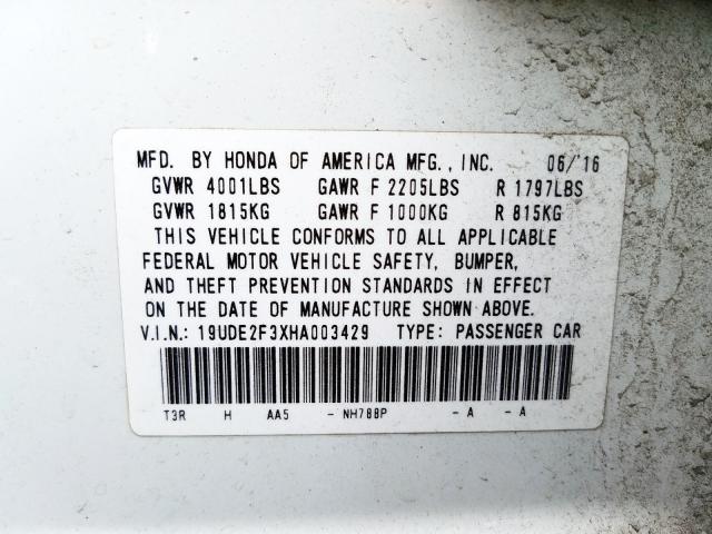 19UDE2F3XHA003429 - 2017 ACURA ILX BASE WATCH PLUS  photo 10