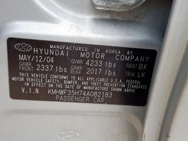 KMHWF35H74A082183 - 2004 HYUNDAI SONATA GLS  photo 10