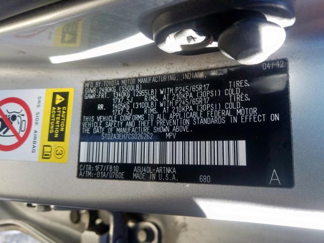 5TDZA3EH7CS026262 - 2012 TOYOTA HIGHLANDER BASE  صورة 10