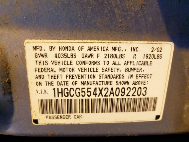 1HGCG554X2A092203 - 2002 HONDA ACCORD LX  photo 10