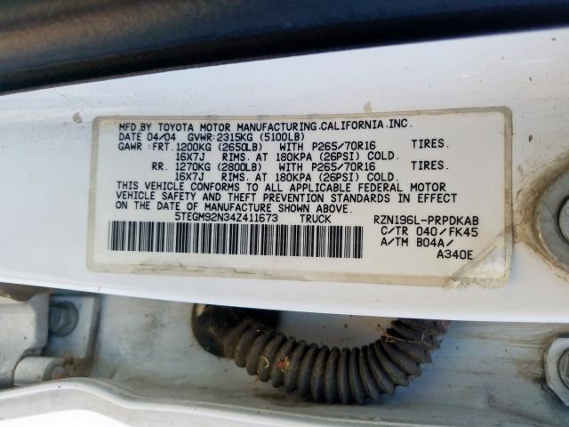 5TEGM92N34Z411673 - 2004 TOYOTA TACOMA DOUBLE CAB PRERUNNER  photo 10