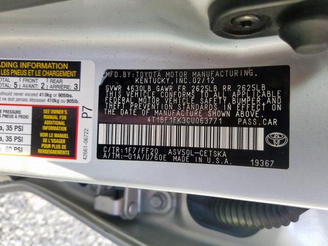 4T1BF1FK3CU063771 - 2012 TOYOTA CAMRY BASE  photo 10