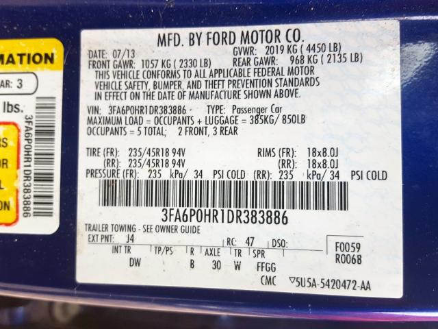 3FA6P0HR1DR383886 - 2013 FORD FUSION SE  photo 10