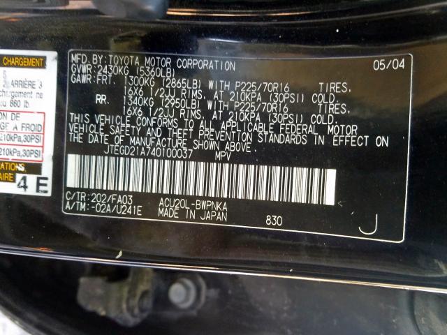 JTEGD21A740100037 - 2004 TOYOTA HIGHLANDER  photo 10