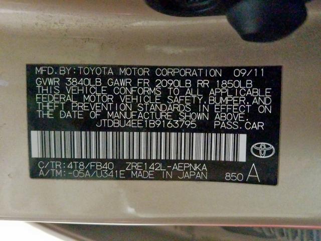 JTDBU4EE1B9163795 - 2011 TOYOTA COROLLA BASE  照片 10