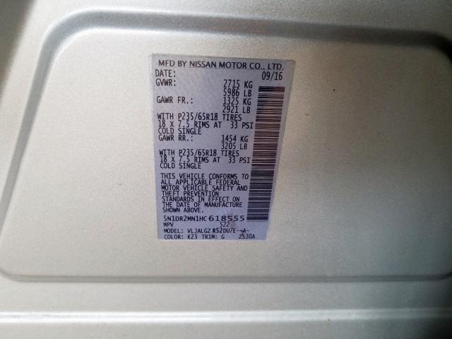 5N1DR2MN1HC618555 - 2017 NISSAN PATHFINDER S  foto 10