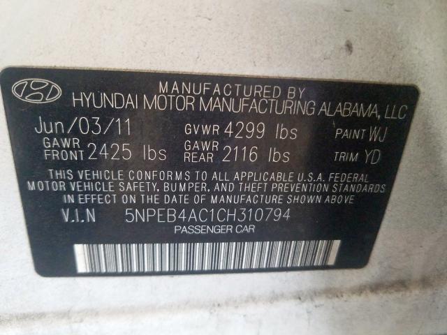 5NPEB4AC1CH310794 - 2012 HYUNDAI SONATA GLS  photo 10