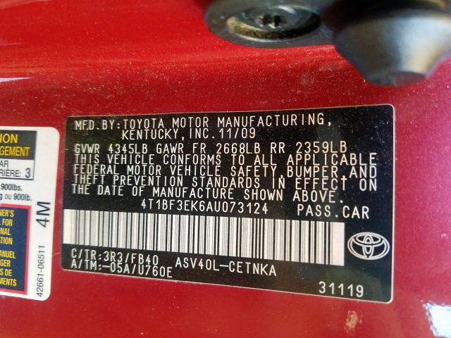 4T1BF3EK6AU073124 - 2010 TOYOTA CAMRY BASE  photo 10