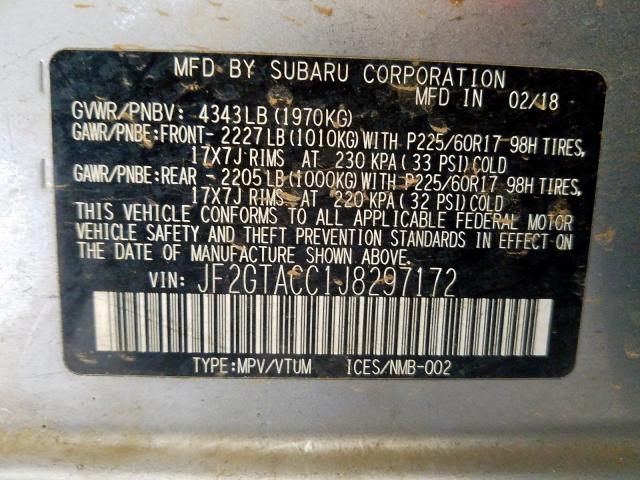 JF2GTACC1J8297172 - 2018 SUBARU CROSSTREK PREMIUM  foto 10
