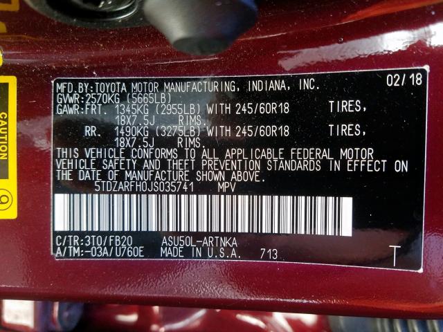 5TDZARFH0JS035741 - 2018 TOYOTA HIGHLANDER LE  photo 10