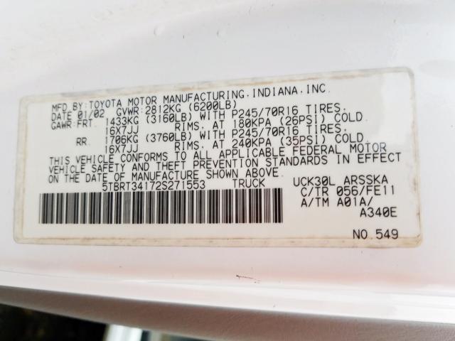 5TBRT34172S271553 - 2002 TOYOTA TUNDRA ACCESS CAB  photo 10