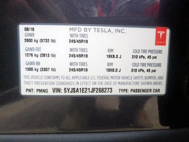 5YJSA1E21JF268273 - 2018 TESLA MODEL S  foto 10