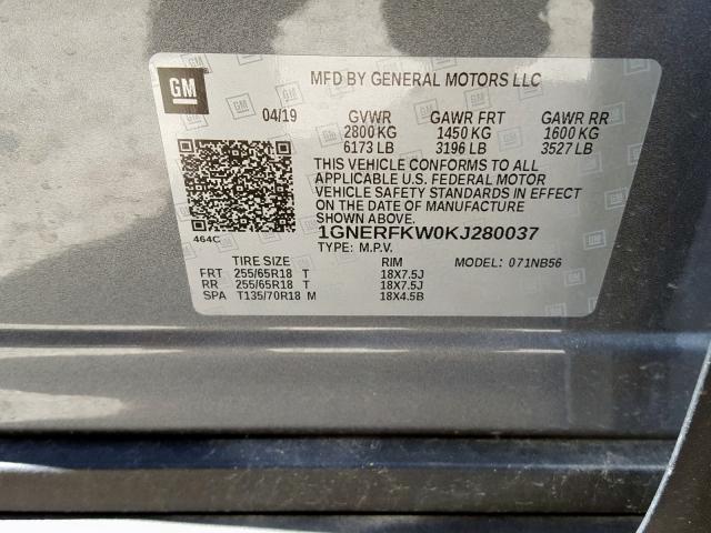 1GNERFKW0KJ280037 - 2019 CHEVROLET TRAVERSE LS  photo 10