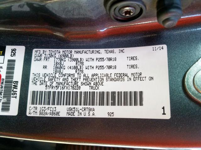 5TFRY5F16FX178220 - 2015 TOYOTA TUNDRA DOUBLE CAB SR/SR5  photo 10