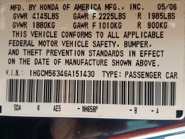 1HGCM56346A151430 - 2006 HONDA ACCORD SE  photo 10