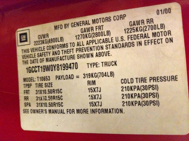 1GCCT19W0Y8199470 - 2000 CHEVROLET S TRUCK S10  photo 10