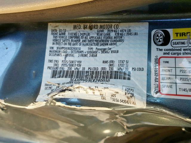 3FAHP0JG9CR290050 - 2012 FORD FUSION SEL  photo 10