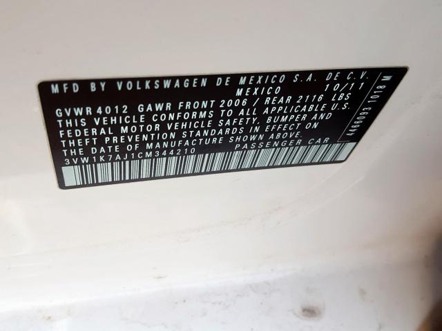 3VW1K7AJ1CM344210 - 2012 VOLKSWAGEN JETTA BASE  照片 10