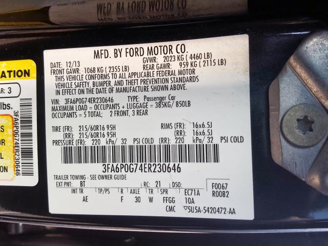 3FA6P0G74ER230646 - 2014 FORD FUSION S  photo 10