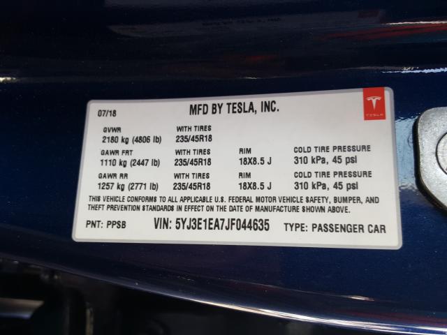 5YJ3E1EA7JF044635 - 2018 TESLA MODEL 3  ფოტო 10