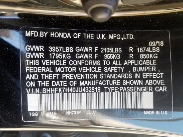 SHHFK7H40JU432819 - 2018 HONDA CIVIC SPORT  photo 10