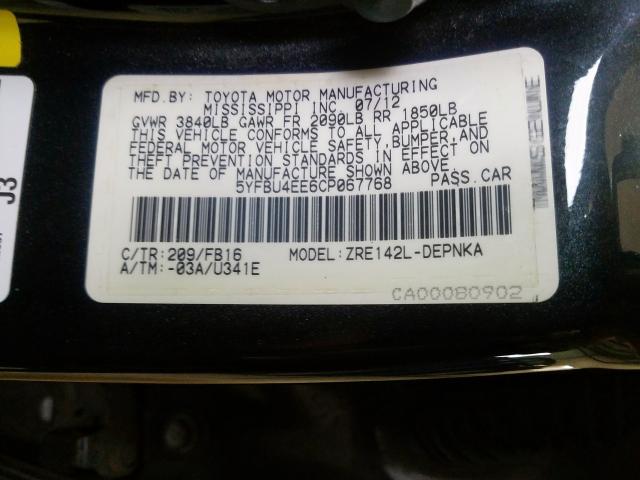 5YFBU4EE6CP067768 - 2012 TOYOTA COROLLA BASE  照片 10