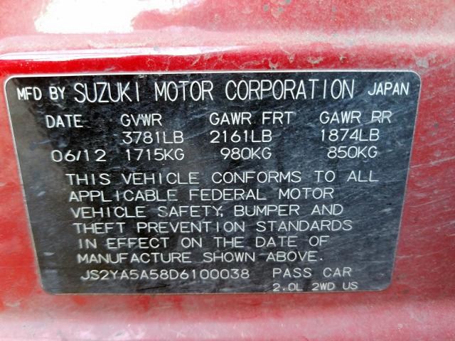JS2YA5A58D6100038 - 2013 SUZUKI SX4  photo 10