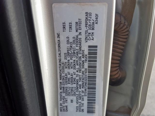 5TEHN72N63Z237408 - 2003 TOYOTA TACOMA DOUBLE CAB  照片 10