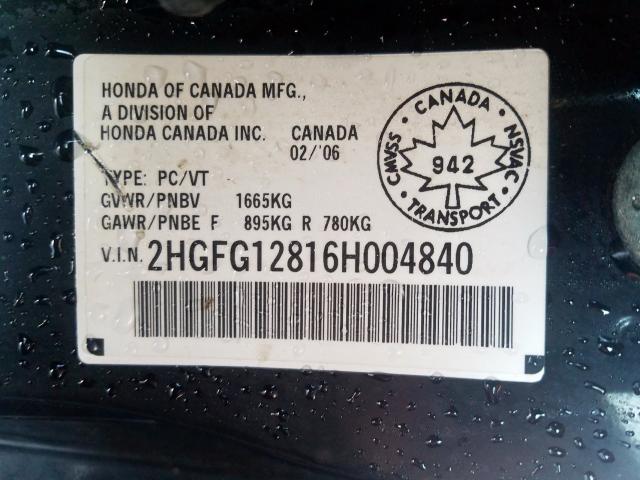 2HGFG12816H004840 - 2006 HONDA CIVIC EX  photo 10