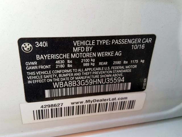 WBA8B3G59HNU35594 - 2017 BMW 340 I  photo 10
