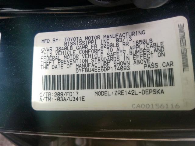 5YFBU4EE6DP174093 - 2013 TOYOTA COROLLA BASE  照片 10