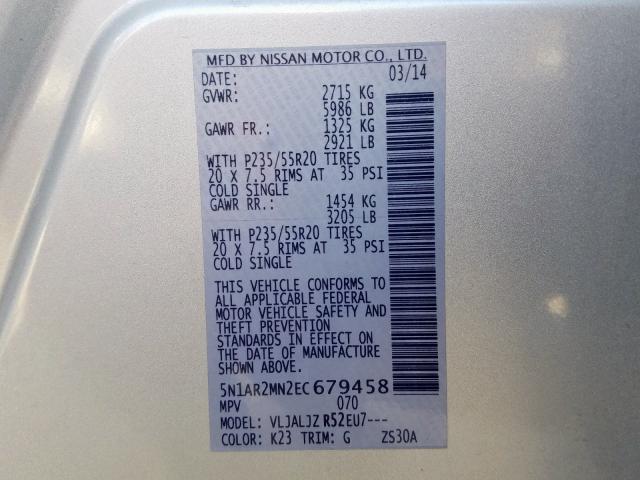 5N1AR2MN2EC679458 - 2014 NISSAN PATHFINDER S  photo 10