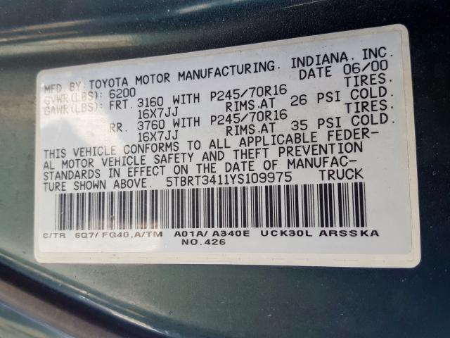 5TBRT3411YS109975 - 2000 TOYOTA TUNDRA ACCESS CAB  照片 10