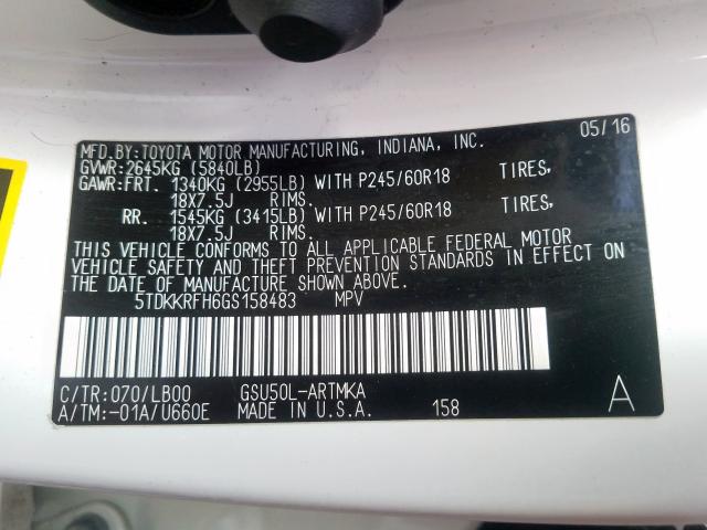 5TDKKRFH6GS158483 - 2016 TOYOTA HIGHLANDER XLE  ფოტო 10