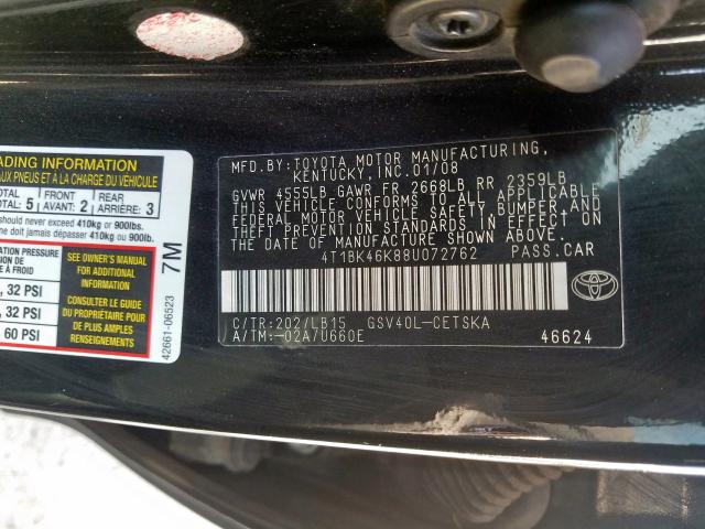 4T1BK46K88U072762 - 2008 TOYOTA CAMRY LE  photo 10