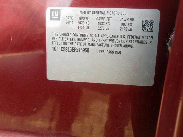 1G11C5SL6EF273960 - 2014 CHEVROLET MALIBU 1LT  照片 10