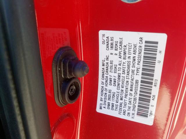 2HGFC3B71GH355389 - 2016 HONDA CIVIC EXL  foto 10