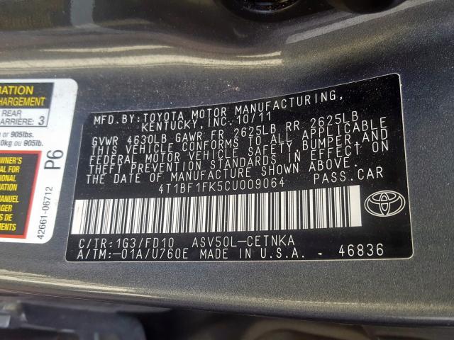 4T1BF1FK5CU009064 - 2012 TOYOTA CAMRY BASE  photo 10